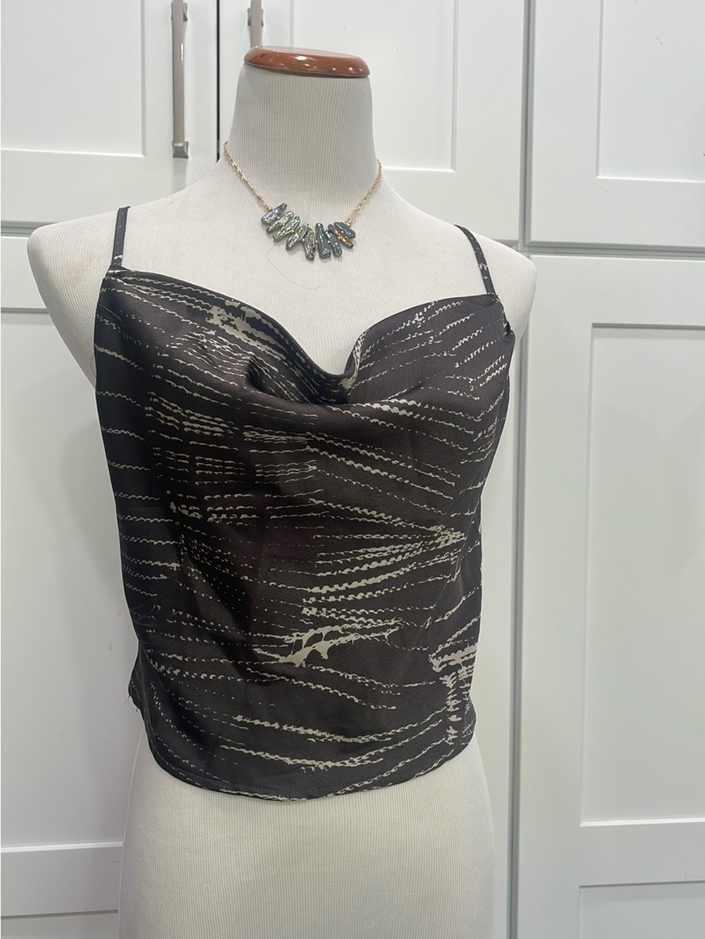 Dress Forum Black Satin Cowl Neck Camisole with Cream Abstract Print